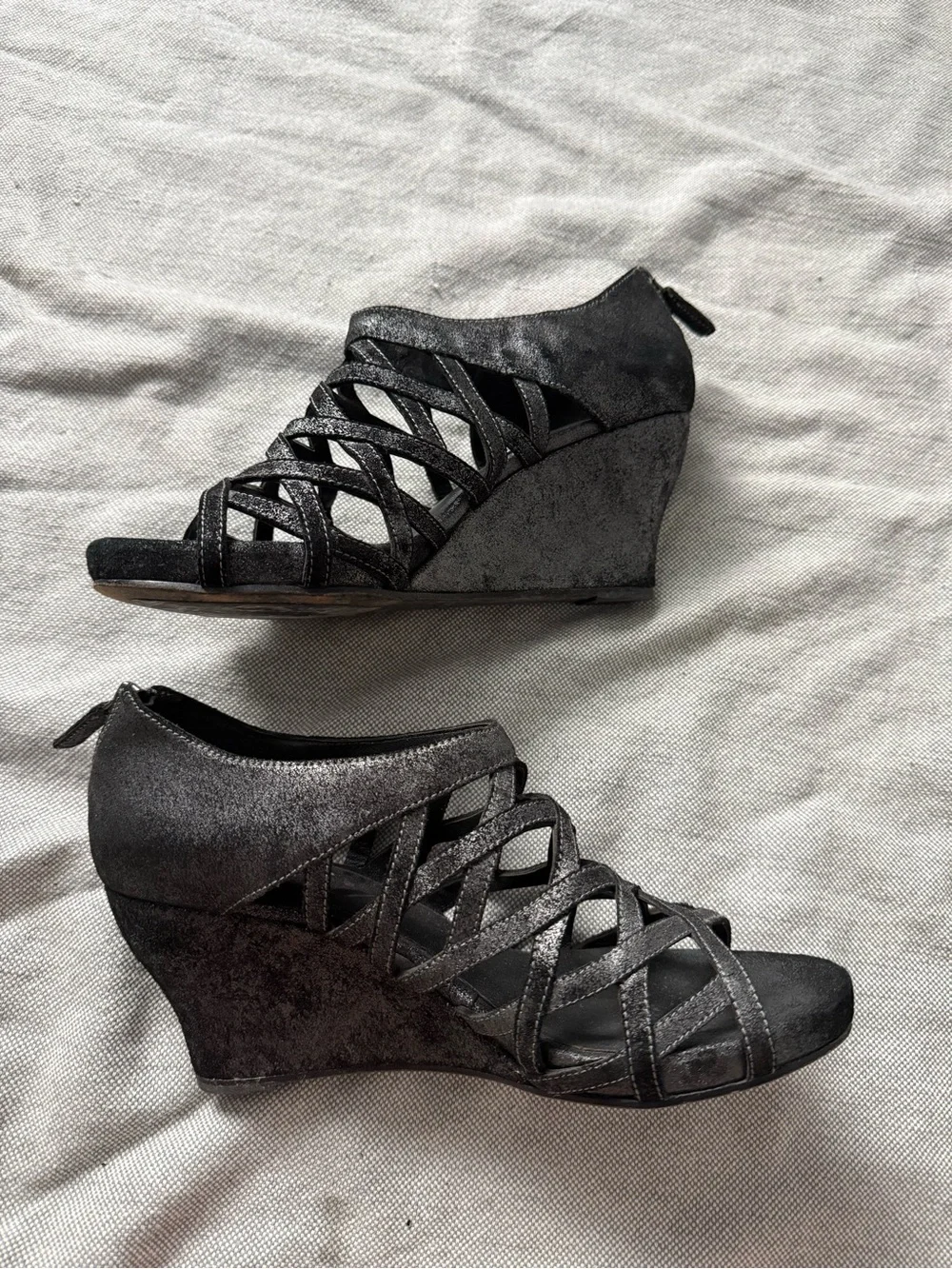 Eileen Fisher Metallic Black Strappy Wedge Sandals